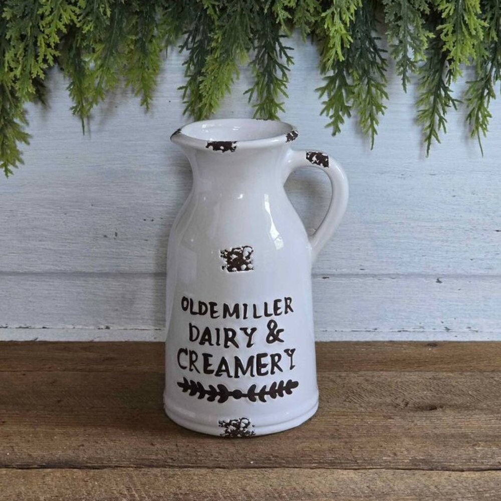 Small White & Brown Ceramic Distressed Milk Pitcher Farmhouse Kitchen Decor - Picture 9 of 9